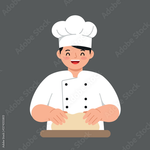 Chef in white uniform happily kneading dough on a wooden surface in flat vector art