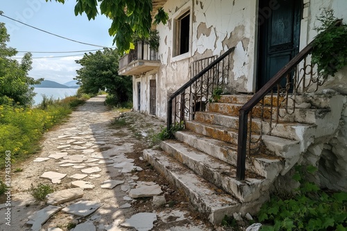 Wallpaper Mural Crumbling old house with cracked structure and surrounding overgrown pathway near serene water Torontodigital.ca