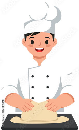 A cheerful chef kneading dough on a black countertop in minimal vector art