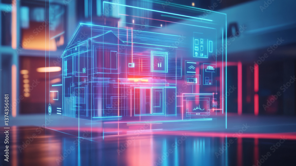 dynamic hologram of smart home showcases advanced technology and modern design, illustrating various features and functionalities in futuristic setting dynamic hologram of smart home showcases advanced technology and modern design, illustrating various features and functionalities in futuristic setting