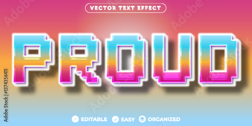 Retro pixel-style Proud text effect with colorful gradient and 3D editable vector typography on pastel background
