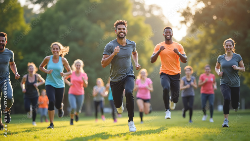 Obraz premium A diverse group of people energetically participating in an outdoor HIIT class in a sunny park. Focus on dynamic movement, smiles, and a sense of community.