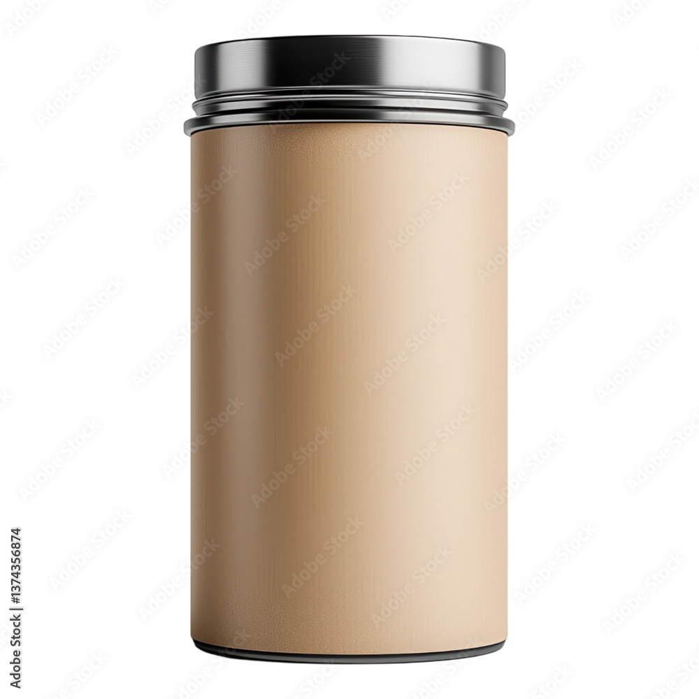 Beige cylindrical container with a metallic silver lid ideal for product packaging design mockups or branding templates Beige cylindrical container with a metallic silver lid ideal for product packaging design mockups or branding templates