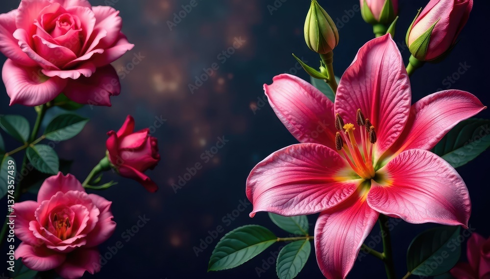 Intricate blooming roses & lilies in rich jewel tones , summer, colorful, embroidery Intricate blooming roses & lilies in rich jewel tones , summer, colorful, embroidery