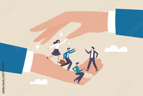 Organization resource, people or employee support, care, benefit or protection, workplace wellbeing, office community or employee care concept, businessman hand cover working employees with care.