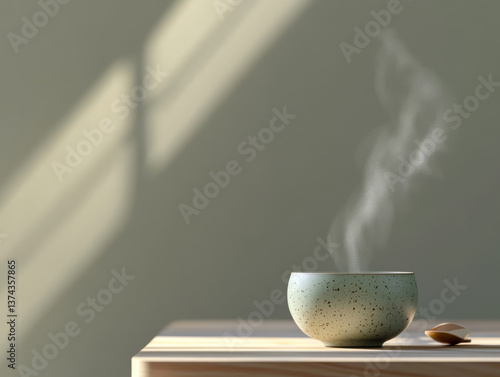 serene moment captured with steaming bowl, showcasing art of matcha. gentle steam rises, creating calming atmosphere in minimalist setting