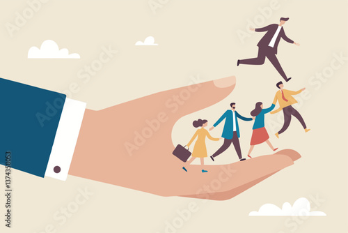 Organization resource, people or employee support, care, benefit or protection, workplace wellbeing, office community or employee care concept, businessman hand cover working employees with care.