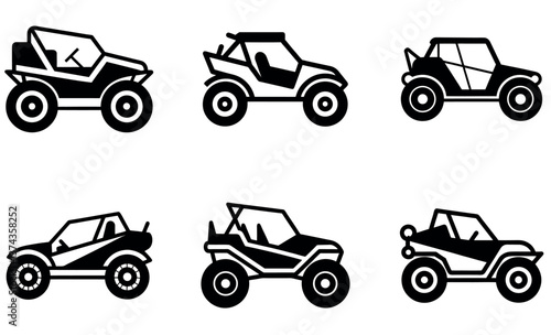 This graphic features a collection of black and white line art illustrations of different types of off-road vehicles.