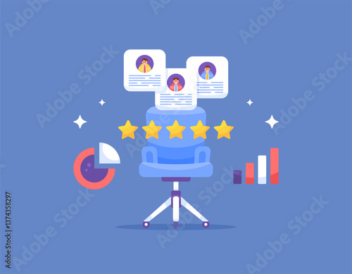 employee or worker recruitment concept. choosing the best worker candidate. hiring for vacant position. illustration of a chair with job applicant information. flat style design. elements