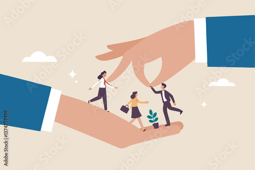 Organization resource, people or employee support, care, benefit or protection, workplace wellbeing, office community or employee care concept, businessman hand cover working employees with care.