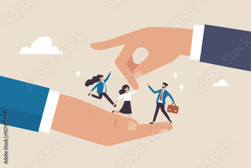 Organization resource, people or employee support, care, benefit or protection, workplace wellbeing, office community or employee care concept, businessman hand cover working employees with care.