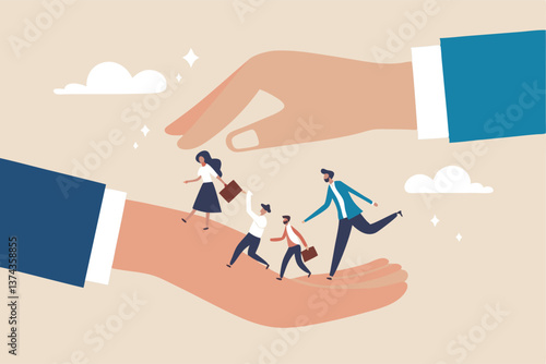Organization resource, people or employee support, care, benefit or protection, workplace wellbeing, office community or employee care concept, businessman hand cover working employees with care.