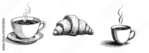 Vintage sketch of coffee cups and a croissant on a plain background  