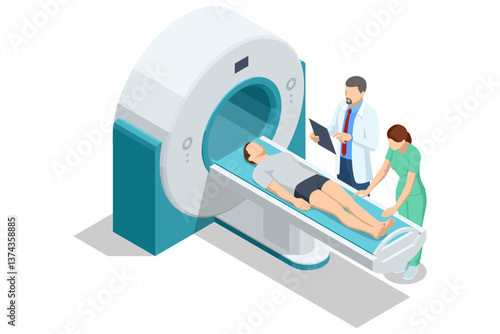 Isometric vector MRI procedure, medical staff preparing a male patient lying on scanner table for an examination, doctor holding medical chart, radiology process. x-ray, radiology,