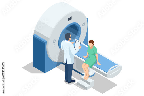 Isometric vector illustration of MRI consultation, a female patient sitting on MRI table talking to doctor holding medical records, pre-scan discussion. X-ray, radiology,