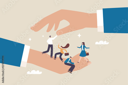 Organization resource, people or employee support, care, benefit or protection, workplace wellbeing, office community or employee care concept, businessman hand cover working employees with care.