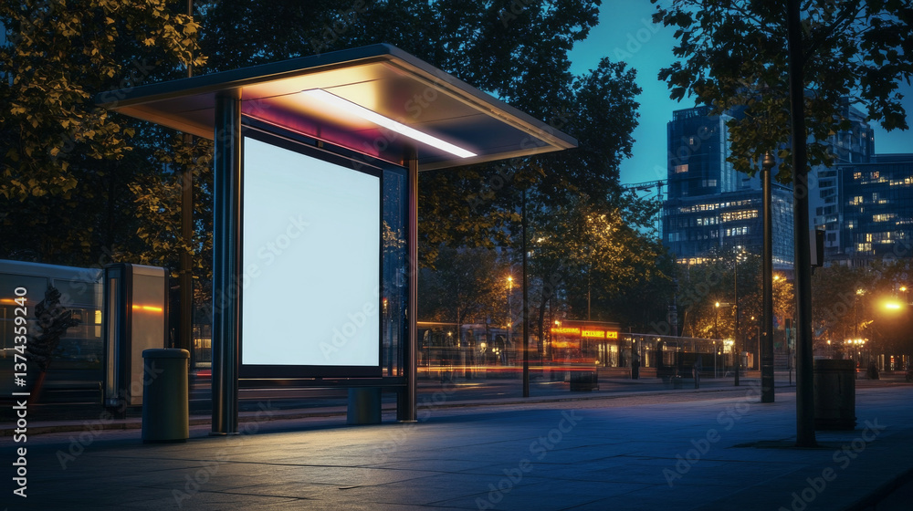 modern bus stop at night, featuring blank advertising panel illuminated by soft lighting. urban setting showcases trees and buildings in background, creating serene atmosphere modern bus stop at night, featuring blank advertising panel illuminated by soft lighting. urban setting showcases trees and buildings in background, creating serene atmosphere