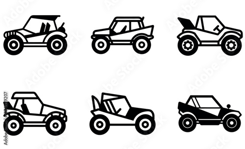 This graphic features a collection of black and white line art illustrations of different types of off-road vehicles.