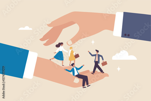 Organization resource, people or employee support, care, benefit or protection, workplace wellbeing, office community or employee care concept, businessman hand cover working employees with care.