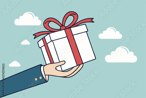 Gift reward program, bonus or surprise present for customer, employee reward or lucky prize, birthday gift box or festive incentive, special loyalty program concept, hand giving gift box with ribbon.