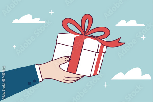 Gift reward program, bonus or surprise present for customer, employee reward or lucky prize, birthday gift box or festive incentive, special loyalty program concept, hand giving gift box with ribbon.