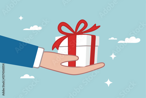 Gift reward program, bonus or surprise present for customer, employee reward or lucky prize, birthday gift box or festive incentive, special loyalty program concept, hand giving gift box with ribbon.