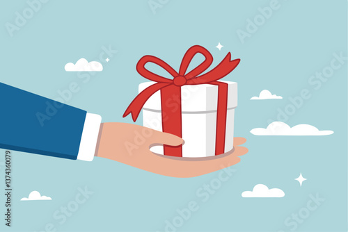 Gift reward program, bonus or surprise present for customer, employee reward or lucky prize, birthday gift box or festive incentive, special loyalty program concept, hand giving gift box with ribbon.