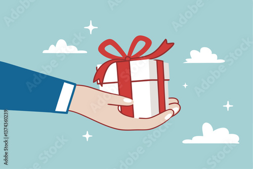 Gift reward program, bonus or surprise present for customer, employee reward or lucky prize, birthday gift box or festive incentive, special loyalty program concept, hand giving gift box with ribbon.
