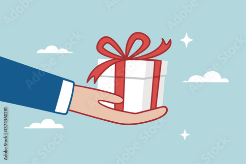 Gift reward program, bonus or surprise present for customer, employee reward or lucky prize, birthday gift box or festive incentive, special loyalty program concept, hand giving gift box with ribbon.