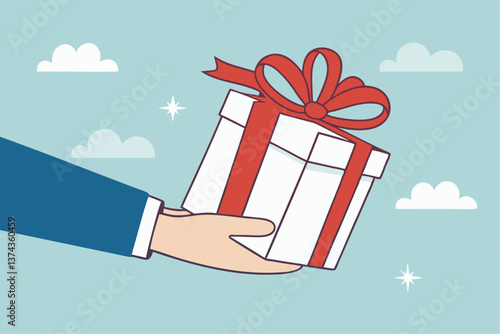 Gift reward program, bonus or surprise present for customer, employee reward or lucky prize, birthday gift box or festive incentive, special loyalty program concept, hand giving gift box with ribbon.