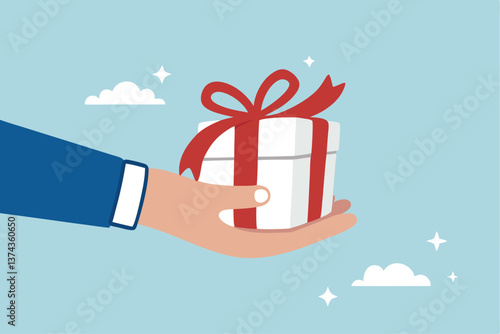 Gift reward program, bonus or surprise present for customer, employee reward or lucky prize, birthday gift box or festive incentive, special loyalty program concept, hand giving gift box with ribbon.