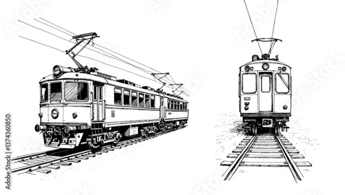 Vintage Sketch of Classic Trains on Railway Tracks  