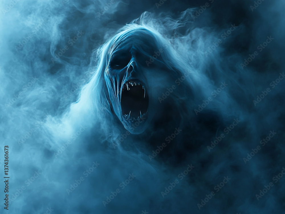 Fototapeta premium ghostly figure emerges from mist, its haunting visage and open mouth evoke chilling sense of fear and mystery. ethereal blue tones enhance eerie atmosphere, captivating viewer