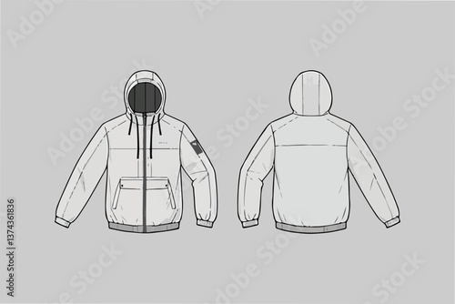 Light Grey Hooded Windbreaker Jacket - Front and Back View 