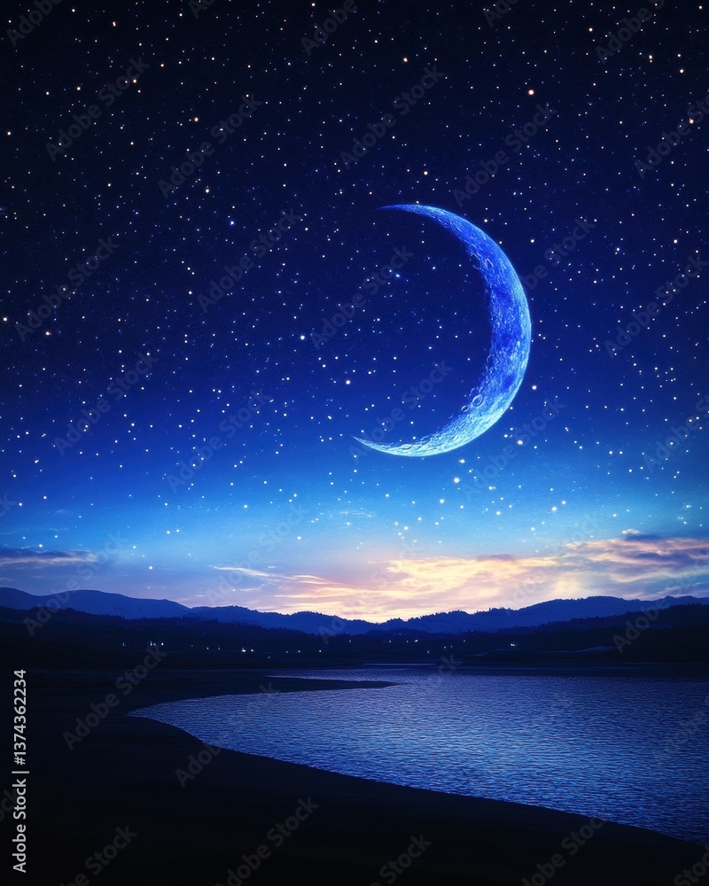 Obraz premium Serene Nightscape Crescent Moon Gleaming Above Tranquil Lake Reflecting Stars in a Dreamy Blue Landscape