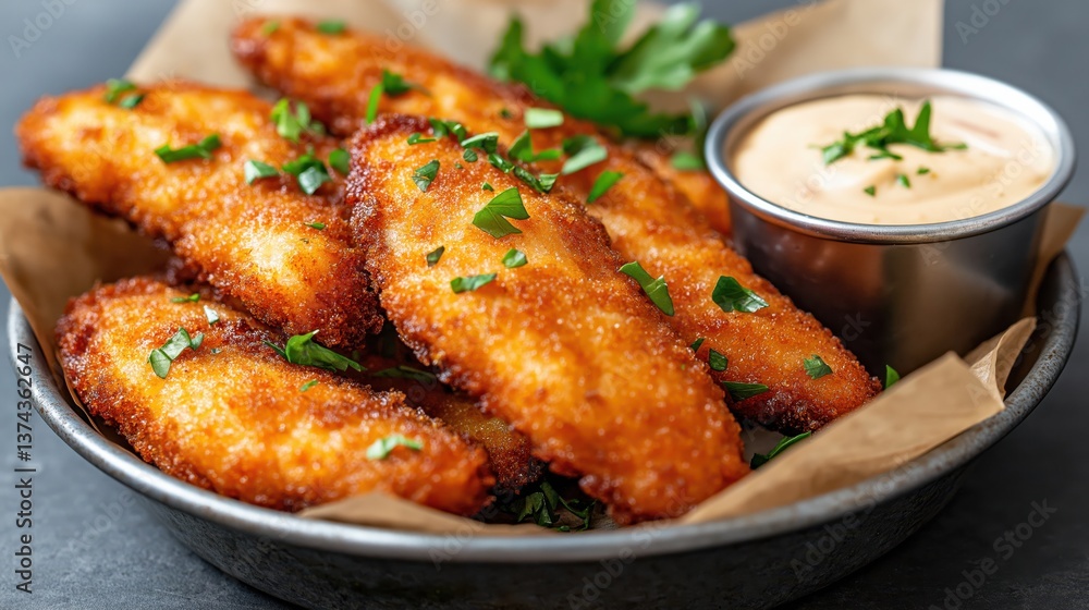 Crispy breaded chicken tenders served with creamy dipping sauce in a rustic basket Crispy breaded chicken tenders served with creamy dipping sauce in a rustic basket