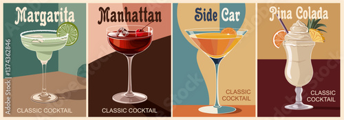 Cocktails retro poster set. Margarita, Manhattan, Sidecar, Pina Colada. Collection of popular alcohol drinks. Vintage style vector illustrations, bar, pub, restaurant, kitchen wall art print