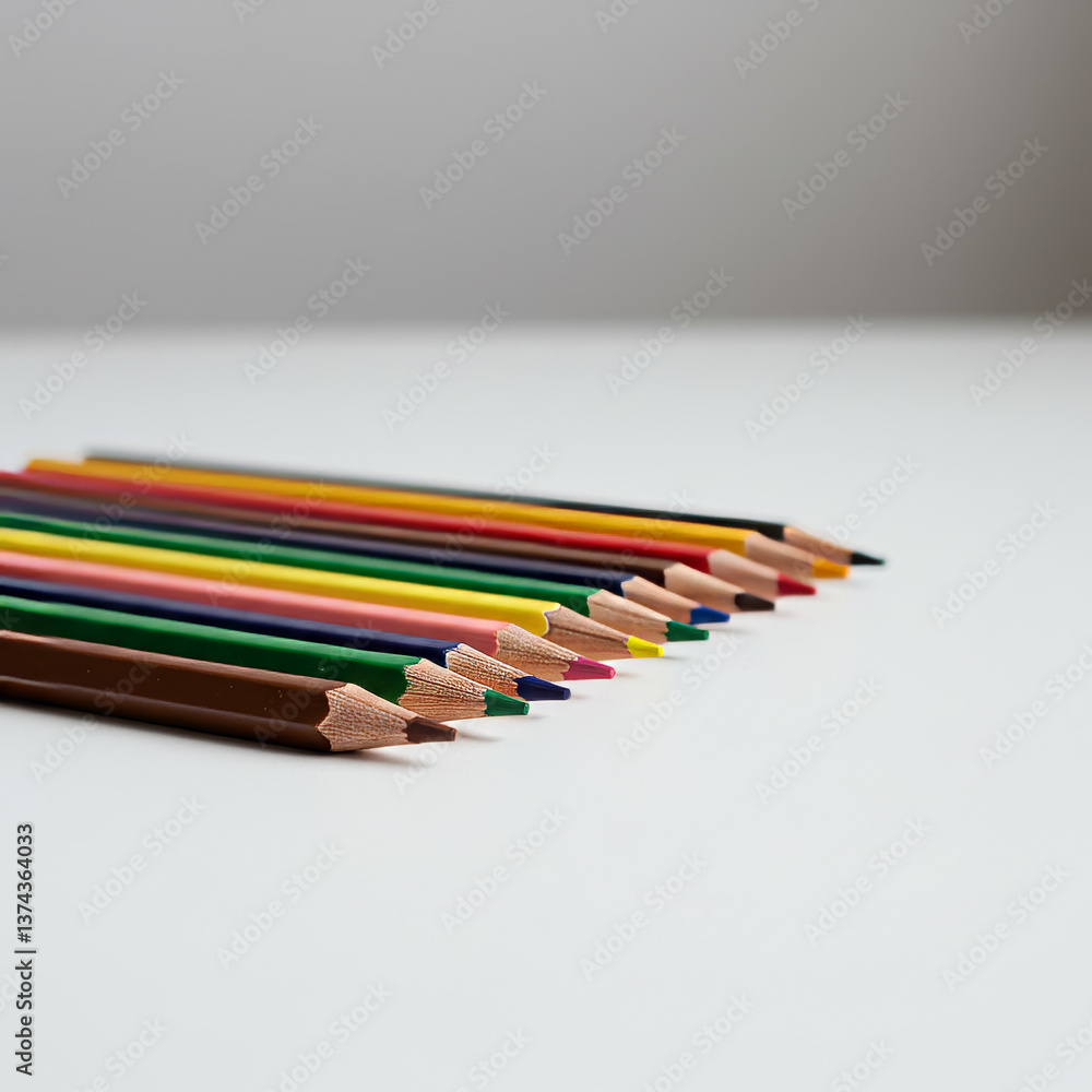 Fototapeta premium Colored pencils neatly aligned on white surface