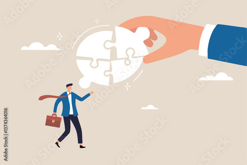 Complete communication speech bubble, solve or help employee communicate with dialogue puzzle, discussion or negotiation skill concept, businessman hand help connect jigsaw on speech bubble.