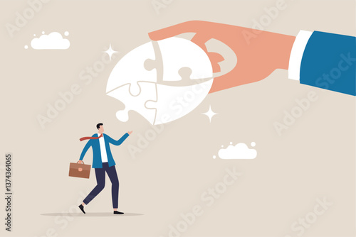 Complete communication speech bubble, solve or help employee communicate with dialogue puzzle, discussion or negotiation skill concept, businessman hand help connect jigsaw on speech bubble.