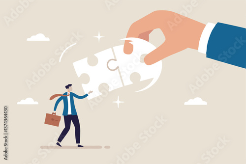 Complete communication speech bubble, solve or help employee communicate with dialogue puzzle, discussion or negotiation skill concept, businessman hand help connect jigsaw on speech bubble.