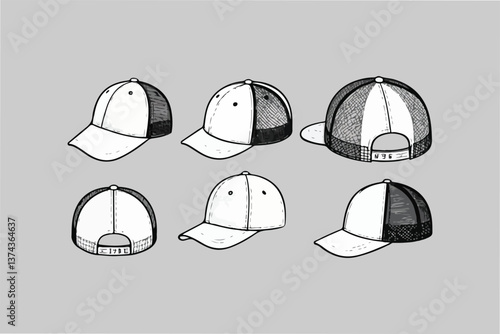 Six Panel Baseball Caps - Different Views - Vector Mockup Set 