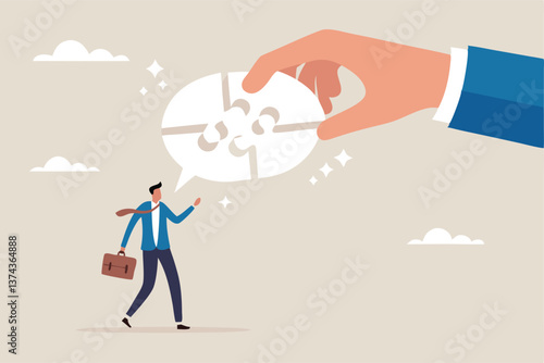 Complete communication speech bubble, solve or help employee communicate with dialogue puzzle, discussion or negotiation skill concept, businessman hand help connect jigsaw on speech bubble.
