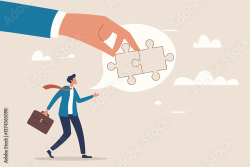 Complete communication speech bubble, solve or help employee communicate with dialogue puzzle, discussion or negotiation skill concept, businessman hand help connect jigsaw on speech bubble.