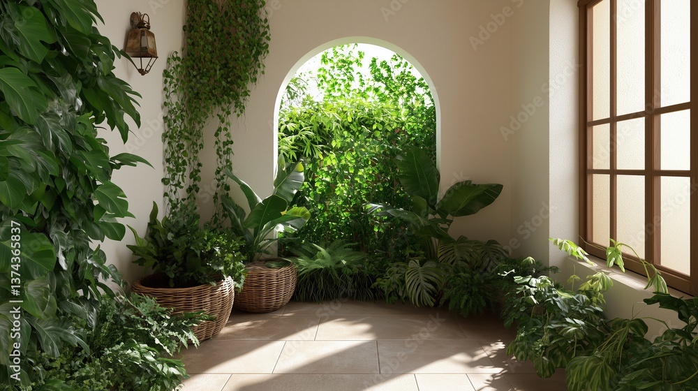 An indoor space adorned with lush greenery, including diverse plants, creates a serene ambiance. Natural light streams in through an archway and a window, enhancing the tranquil atmosphere. An indoor space adorned with lush greenery, including diverse plants, creates a serene ambiance. Natural light streams in through an archway and a window, enhancing the tranquil atmosphere.