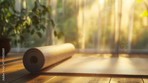 serene yoga mat unfurls on wooden floor, illuminated by soft sunlight streaming through sheer curtains, creating peaceful atmosphere perfect for meditation and relaxation