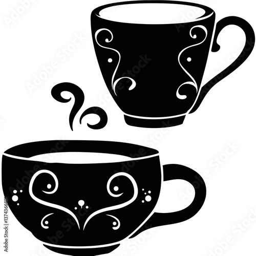 Illustration of coffee and tea cups with a heart design.