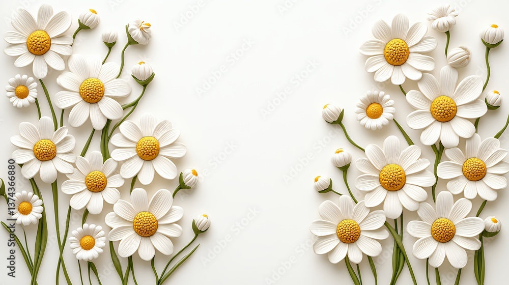 Fototapeta premium Symmetrical Arrangement of White and Yellow Daisies on White Background