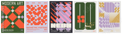 Set modernism art colorful trendy posters, artwork in minimalism and brutalism style, abstract geometric A4 rave postmodern composition, vector simple shapes print graphic in Y2K aesthetics, set 27