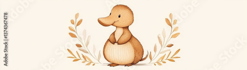 whimsical illustration of cute platypus surrounded by delicate leaves, showcasing its unique features and playful expression. This charming artwork captures essence of this fascinating creature photo